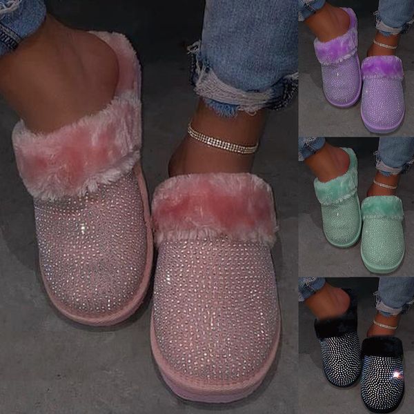 

fashion roman rhinestone plush 2021 autumn and winter new indoor home female slippers comfortable non-slip soft bottom x1020, Black