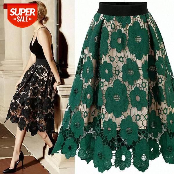 

good quality 2020 summer high elastic waist lace skirt women vintage floral crochet hollow out ball gown a-line mid-calf skirt #ml8f, White;black