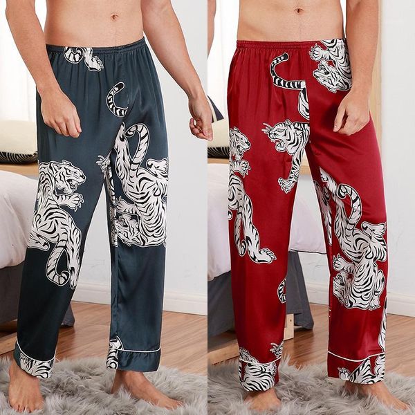 

men's loose ice silk summer pattern pajamas men's home casual trousers thin sleepwear satin silk trousers home clothing1, Black;brown