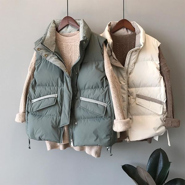 

women's vests 2021 winter simple solid colour loose vest drawstring stand collar cotton padded pockets windproof warm waistcoat, Black;white
