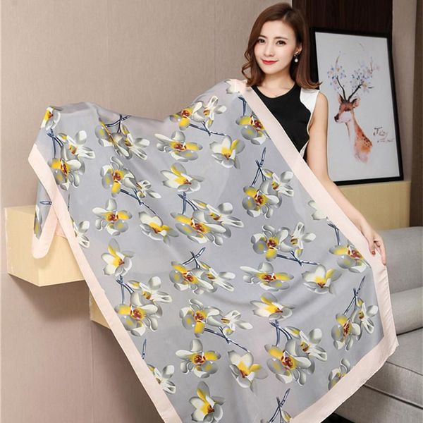 

scarves fashion flower print luxury silk scarf women all seasons shawls office or beach large wraps hijab 1817#, Blue;gray