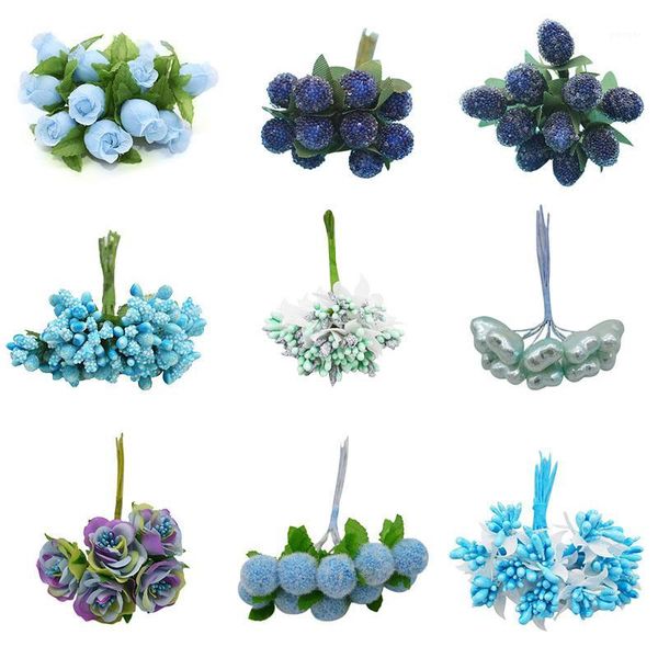 

decorative flowers & wreaths blue mixed artificial fake cherry stamen berries wedding bride bouquet diy crafts christmas gift decor supplies