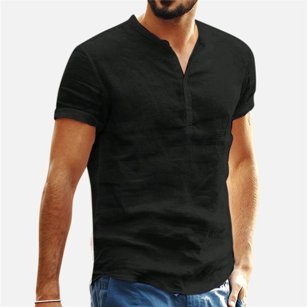 

men's baggy cotton linen shirt short sleeve streetwear soid color short sleeve retro blouse plus size dropship l#31, White;black