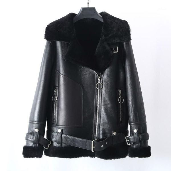 

oftbuy 2020 real merino sheep fur genuine leather double-faced fur coat winter jacket women moto biker thick warm natural luxury1, Black