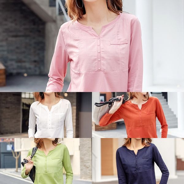 

2020 autumn new fashion street splicing v-neck long sleeve slim casual cotton t-shirt for women coat t-shirt zmgbg, White