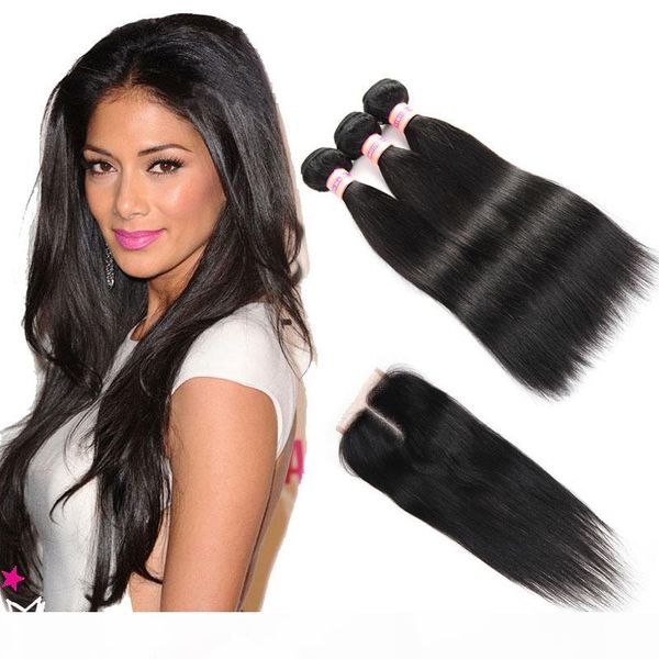 

10a unprocessed peruvian hair bundles with closure peruvian virgin straight hair extensions human hair bundle with lace closure, Black