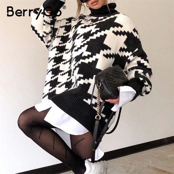 Berrgo Turtleneck вязаная осень зимний свитер Женщины Houngstooth длинный пуловер FEMLAE мода теплый черный белый джемпер дамы 201222