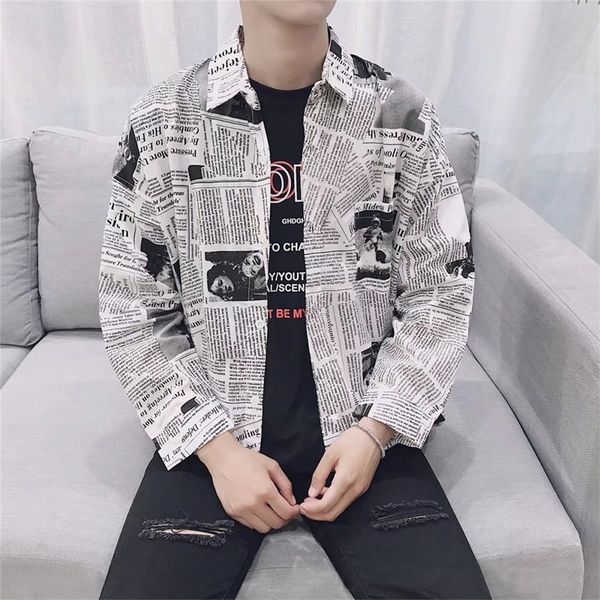 

slim fit men shirts boy fashion splicing spring square neck daily long sleeve male clothes newspaper printing casual y200409, White;black