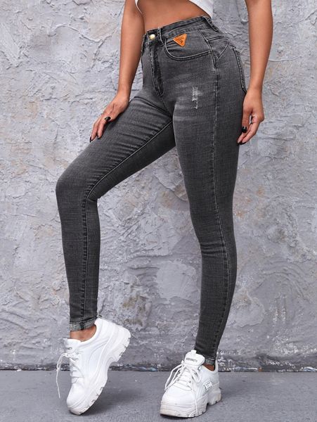 

high waist patch detail skinny jeans d5dm#, Blue