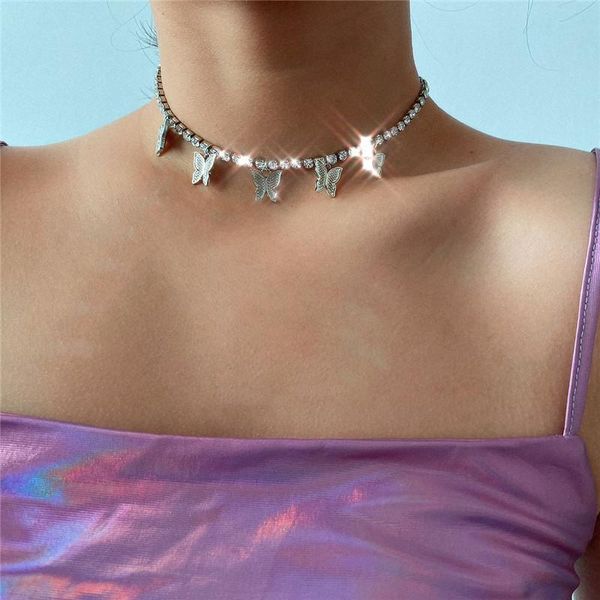 

pendant necklaces luxury pink clear cz tennis chain butterfly choker necklace women gold color iced out aesthetic jewelry, Silver