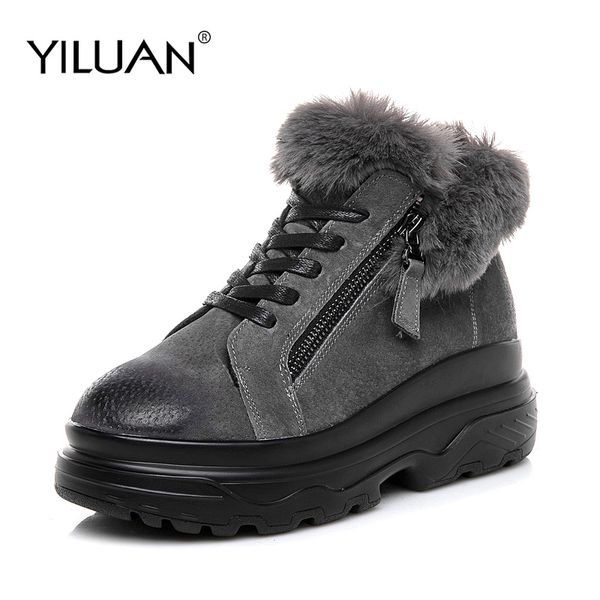 

yiluan 2020 zipper круглый toe lace-upfurry мартин сапоги женщин кожаные женские студенческого спорта бархатные короткие плюс зима снег сапо, Black
