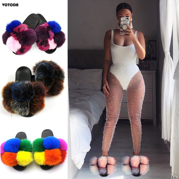 

new women fur slippers fur pom pon furry slides ladies cute fur ball flip flops plush raccoon sandals fluffy rainbow house shoes x1020, Black