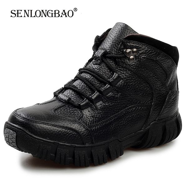 

new winter warm plush snow genuine leather casual ankle men military fur boots zapatos hombre 201204, Black