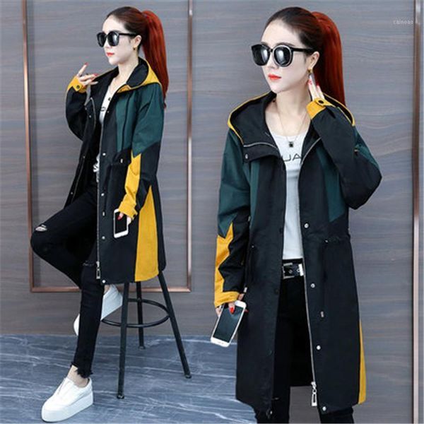 

2020 new spring autumn long trench coat women's loose hooded windbreaker outerwear g571, Tan;black