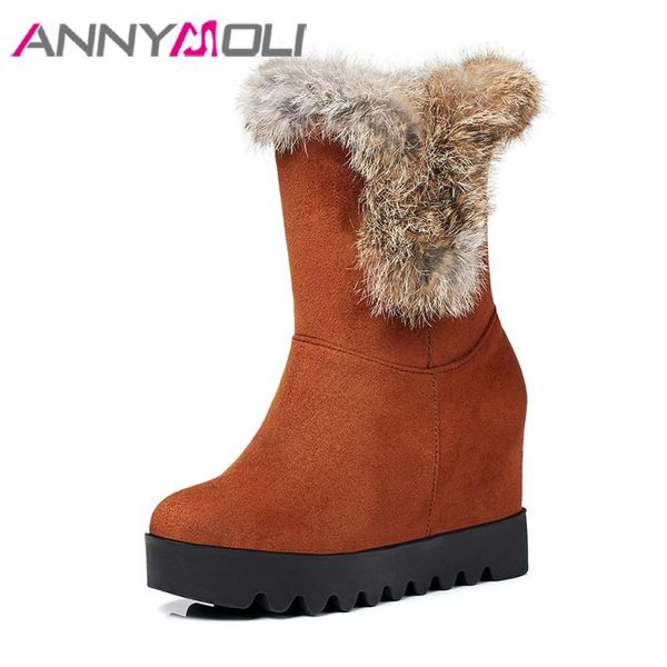 

annymoli snow boots mid calf boots ladies winter shoes height increasing heels plush platform wedge heel real fur, Black