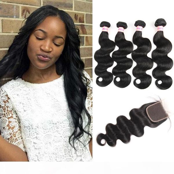 

cambodian human hair bundles with middle 3 part closure 9a body wave virgin hair with lace closure dyeable human hair weave, Black;brown