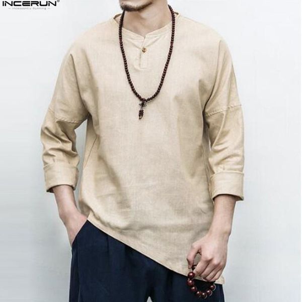 

men's casual shirts incerun retro men shirt long sleeve solid irregular chinese style cotton vintage camisa masculina 2021 5xl1, White;black