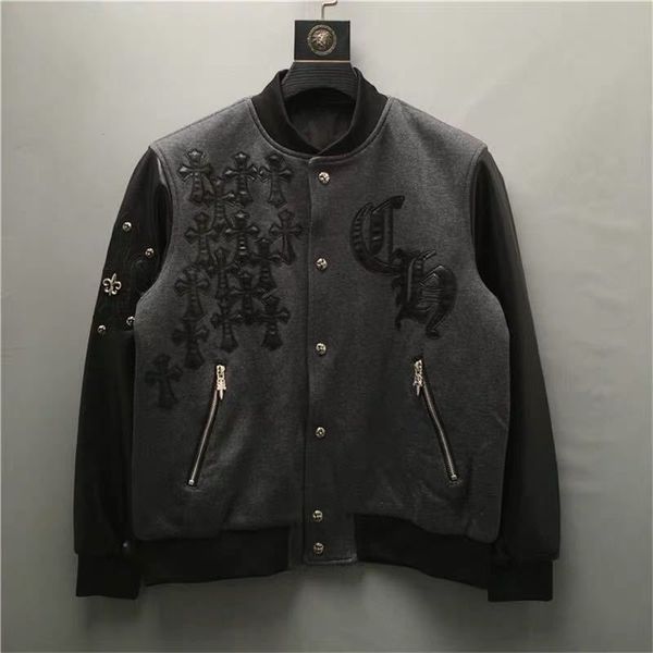 

new fashion brand ch crosin cross leather embroidered baseball jacket for men and women, White