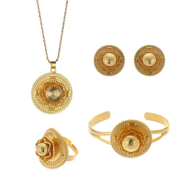

new flower bracelet earrings necklace big ethiopian wedding jewelry set for women gold color eritrea africa habesha jewelry, Black