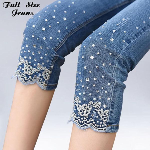 

women's jeans plus size 2021 women embroidery beading stretch 4xl 5xl summer hight waist calf length pencil pants, Blue