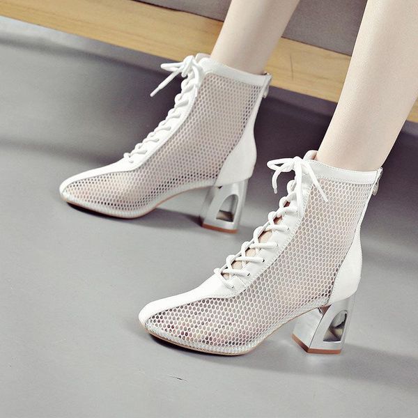 

2021 women's shoes summer mesh yarn sandals fashion thick heel wild mesh boots high heel baotou sandals women boots fd-27, Black