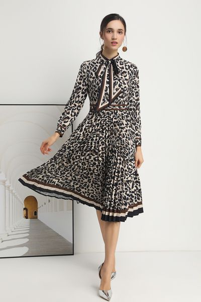 

1 16 2020 spring brand same style dress leopard long sleeve stand collar runway dress sh, Black