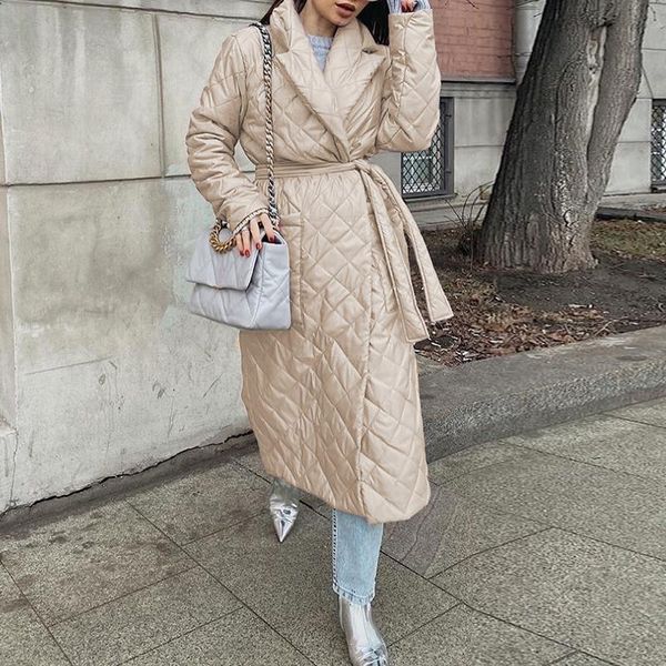 

long straight winter coat with rhombus pattern casual sashes women parkas deep pockets tailored collar coat stylish outerwear, Black