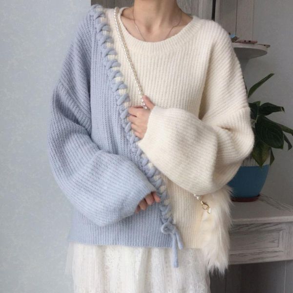 

sweater soft milk and blue japanese female loose-fitting outer pullover stitching sweet round neck suit 2020 autumn winter, White;black