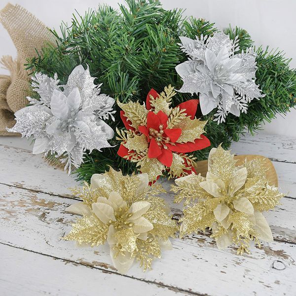 

10pcs glitter chrsitmas flower artificial flowers silk poinsettia christmas tree decor for home xmas ornaments new year gifts