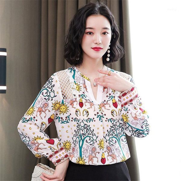 

2020 autumn fashion women long sleeve print blouse satin shirts casual lady v-neck splice lace hollow out strapless clothes1, White