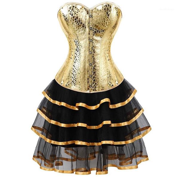 Couro espartilho lustiers saias vestidos tutu burlesque plus size sexy corselet overbust traje cosplay ouro gótico com bling1