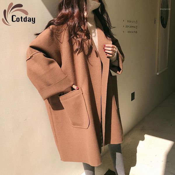 

cotday turn-down collar loose long khaki oversize coat female england style elegant 2020 autumn fashion women woolen blend coat1, Black