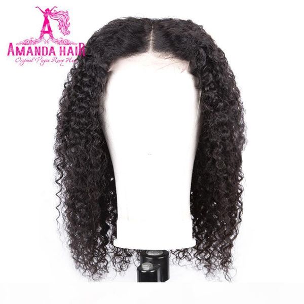 

amanda 4x4 lace closure kinky curly wigs remy lace closure human hair wigs 150% density natural color brazilian wig, Black;brown