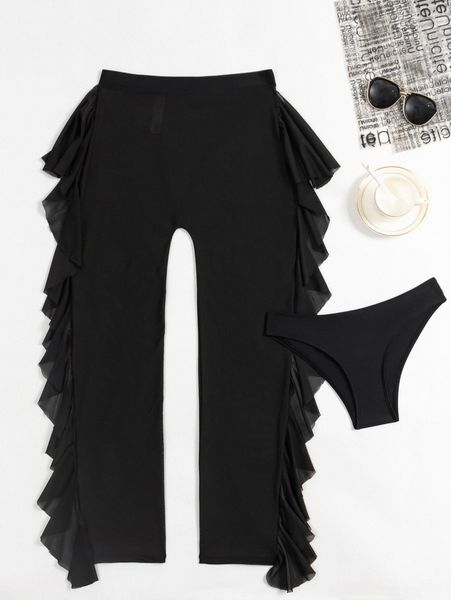 

plain bikini panty with ruffle trim cover up pants a93f#, White;black