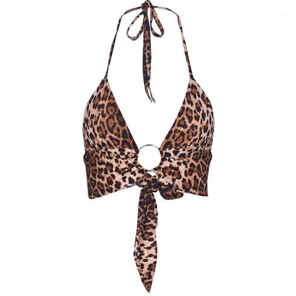 

leopard printed halter crop women camis backless bandage lace up sequins metal ring tank party club bustie1, White