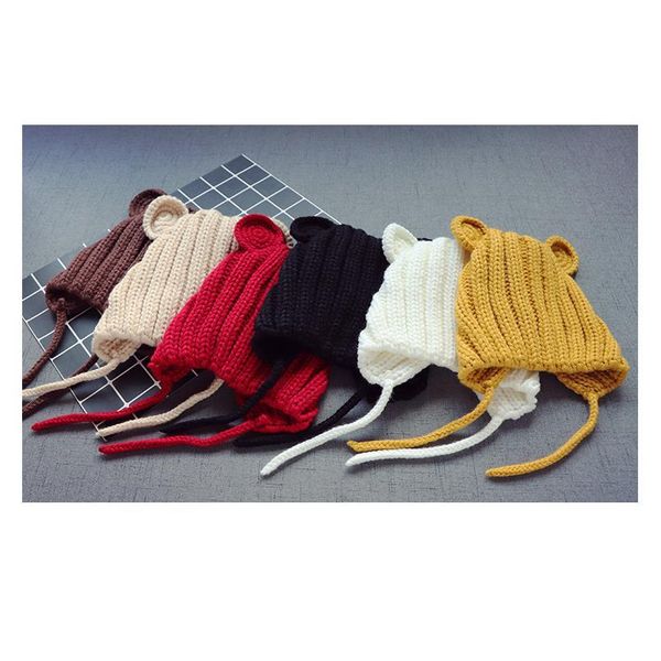 

knitted winter baby hat with ears cartoon lace-up children kids baby bear bonnet cap in qylxyh, Yellow