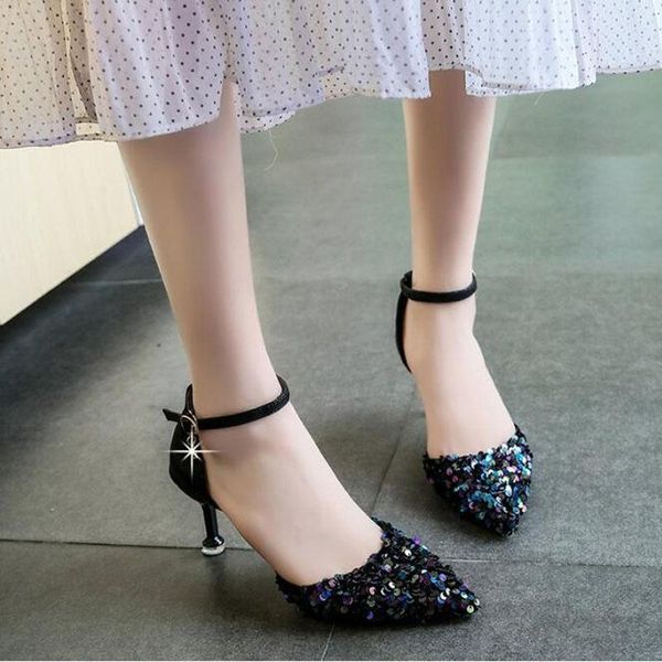 

2020 women pumps high thin heel bling bridal wedding shoes classic pointed toe ladies party shoes pumps, Black