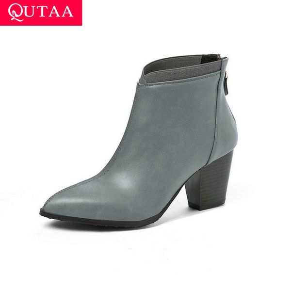 

qutaa 2021 pointed toe pu leather square heel autumn winter comfort ankle boots high heel fashion zipper women shoes size 34-43 1026, Black