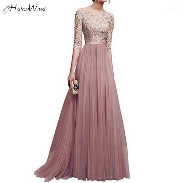 

women elegant lace maxi long dress party wedding 3/4 sleeve o neck chiffon embroidery autumn tule vestidos self portrait dresses1, White;black