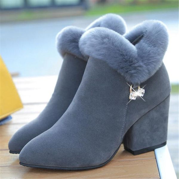 

women's riding big new suede rabbit's skin toe pointed down side zipper high tube short snow boots shoes ypqb, Black