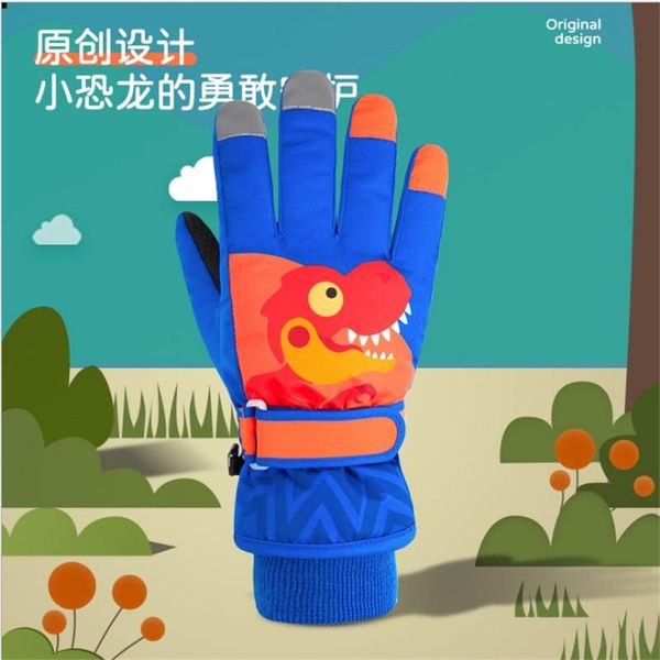 

five fingers gloves children' dinosaur winter thickened ski riding sports windproof warmth non-slip waterproof water cotton, Blue;gray