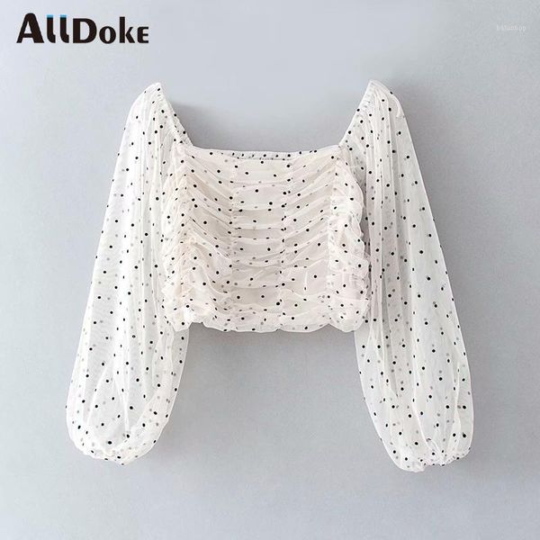 

alldoke slash neck dot print women blouse summer lantern sleeve white crop shirt mujer ladies ruched blouses blusas1