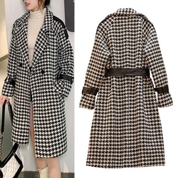 

women's wool & blends autumn winter long coat women 2021 casual plus size plaid double breasted blazers jacket female elegant overisze, Black