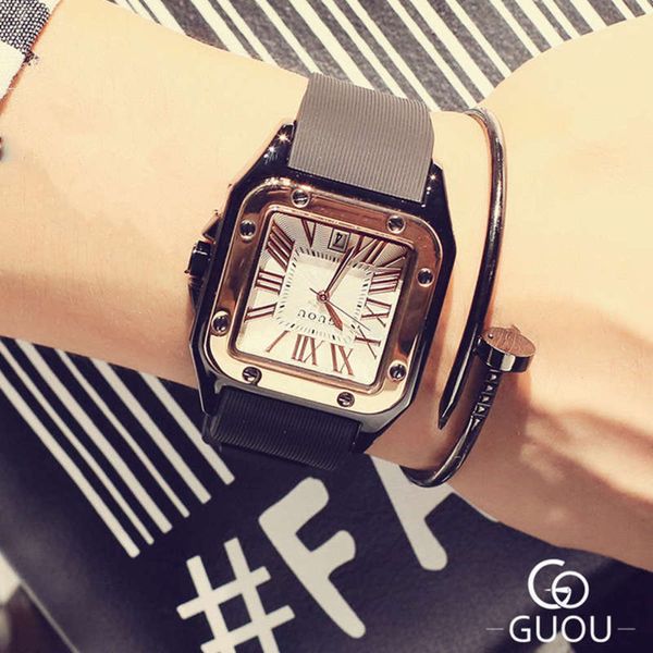 

couple leisure waterproof guou women's watch men's silicone square gift table 4gru, Slivery;brown