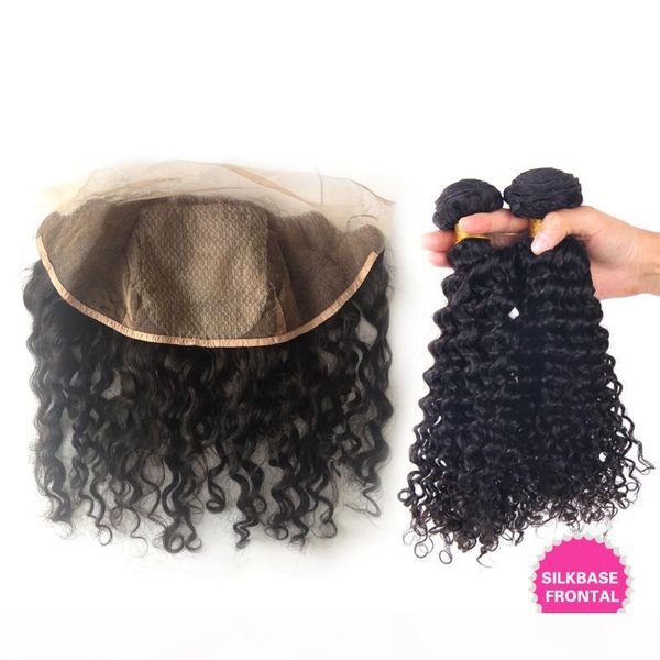 

brazilian deep curly hair 3bundles with silk base frontals 4pcs lot brazilian deep curly 13x4 silk full lace frontal with weaves, Black