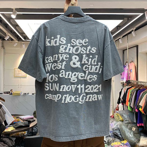 

men's t-shirts summer ksg foam letter loose oversize street fashion brand short sleeve round neck used cotton t-shirt for men and women, White;black
