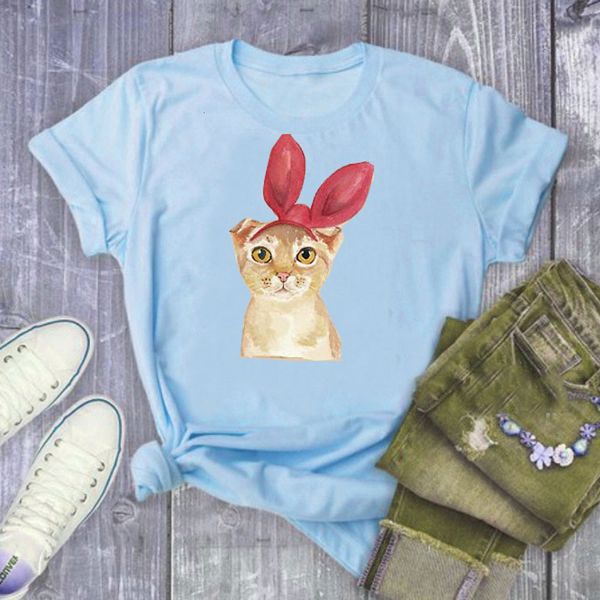 

women's clothing short sleeve cat printed t shirt o-neck casual loose cotton basic tee fashion t-shirt, White