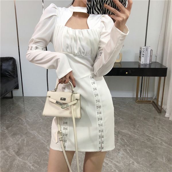 

2021 New Gothic Women's Fashions Rebite Square Turtleneck Retro Slimming Short Sleeves Long Black Waist Tall Straight Dress BDUN, Black;gray