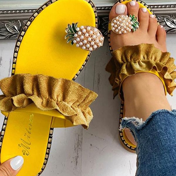 

women sandals slippers shoes flat flip flops string bead summer fashion wedges woman slides pineapple lady casual mujer, Black