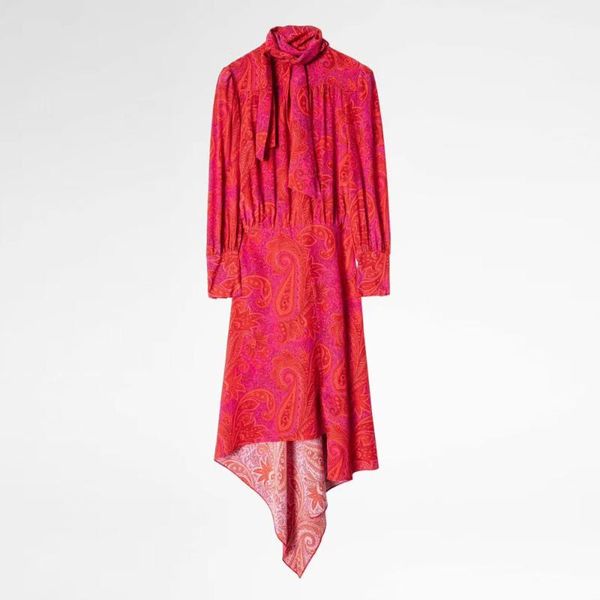 

vintage print lady dress long sleeve turn-down collar asymmetry women dress, Black;gray